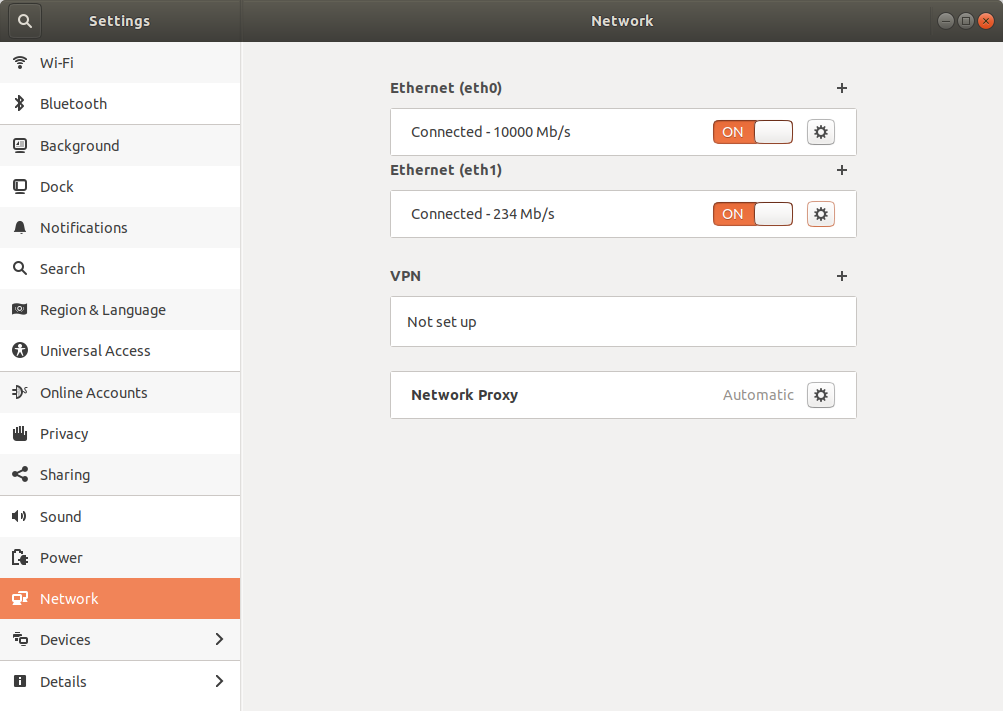 Network settings in Ubuntu show two connections: eth0 @ 10000 Mb/s and eth1 @ 234 Mb/s.