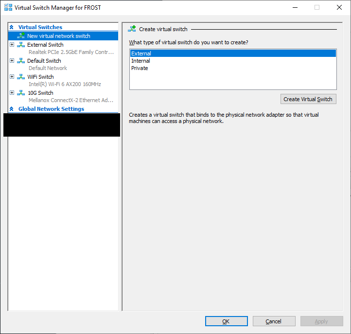 Hyper-V Virtual Switch Manager shows four virtual switches: default switch, an external switch for the Realtek PCIe 2.5GbE network card, a WiFi switch, and a 10GbE switch.