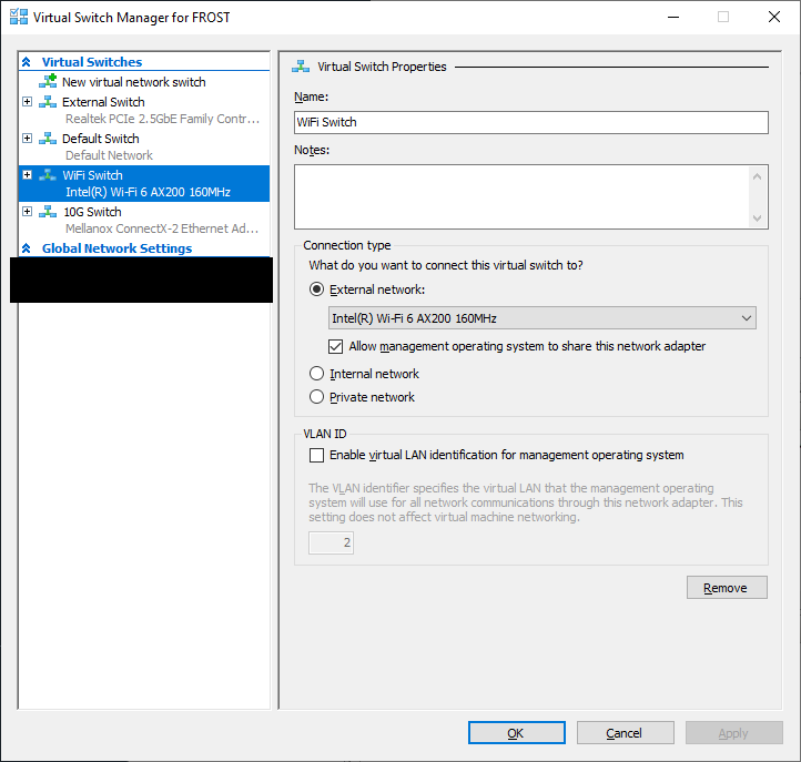 Virtual Switch Manager in Hyper-V shows a virtual switch called “WiFi Switch” using the computer’s Wi-Fi network adapter.