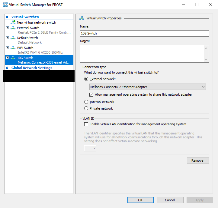 Virtual Switch Manager in Hyper-V shows a virtual switch called “10G Switch” using the computer’s Mellanox ConnectX-2 Ethernet Adapter.