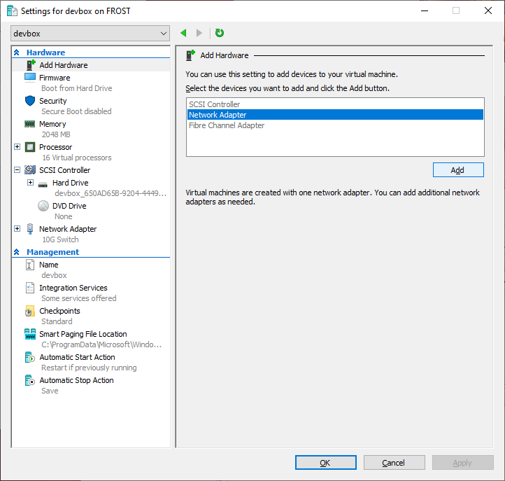Windows VM settings with Add Hardware > Network Adapter selected