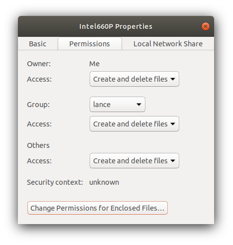 Intel660P permissions dialog box set with “Change Permissions for Enclosed Files” highlighted
