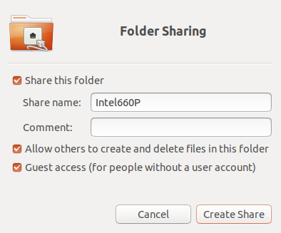 Folder sharing dialog with name of “Intel 660P”
