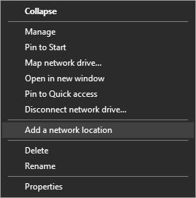 Right-click dialgo with “Add a Network Location” highlighted