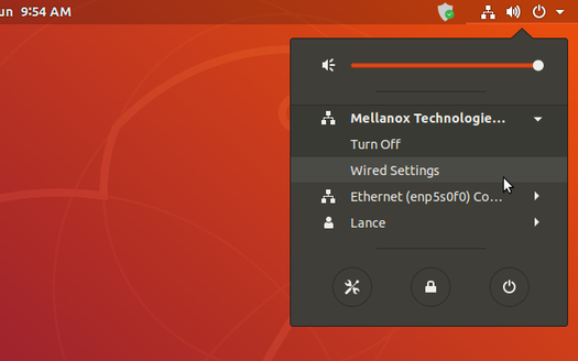 Click the arrow in the top right of the Ubuntu desktop, click on the network card and select “Wired Settings”