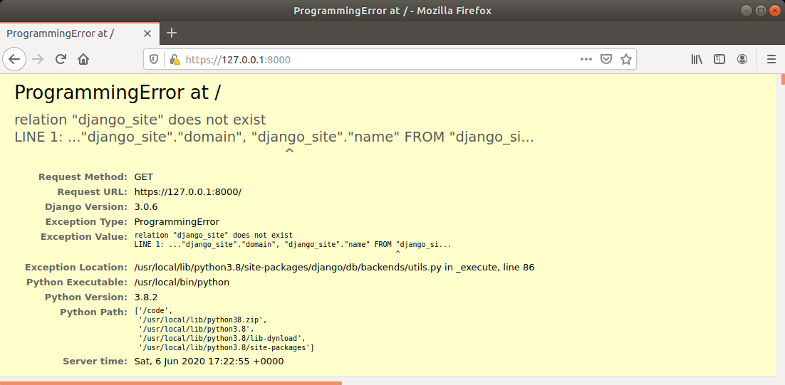 Programming error at /: django.site does not exist