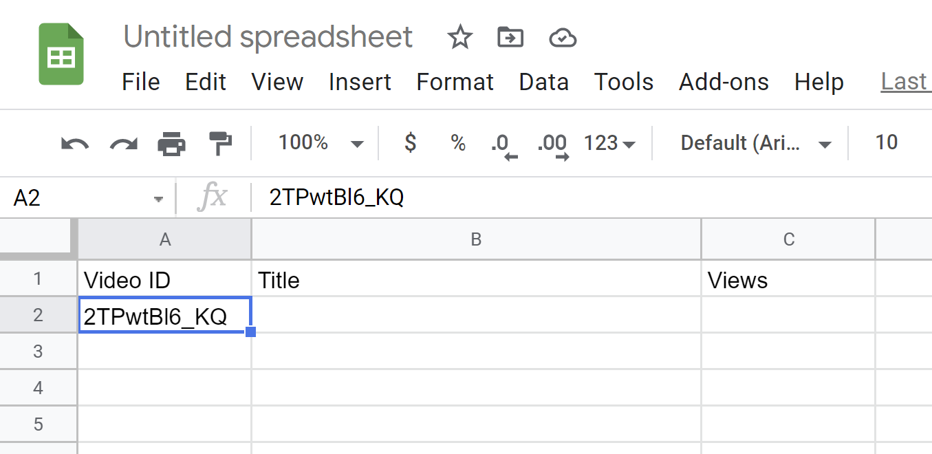 The video ID has been pasted in cell A2.