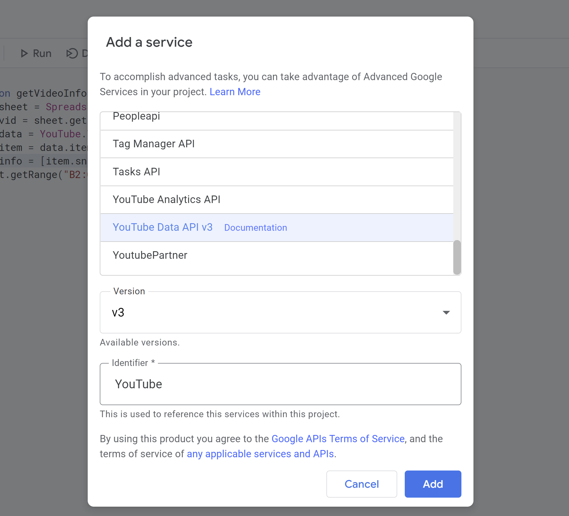 The Add a Service dialog box. The YouTube Data API v3 contains a link to the documentation link and can be identified with “YouTube”.