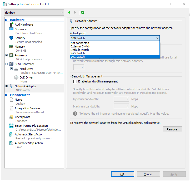 Editing settings in Hyper-V for a virtual machine’s network adapter. We select a new virtual switch, in this case one called “10G Switch” that we’ve just created.