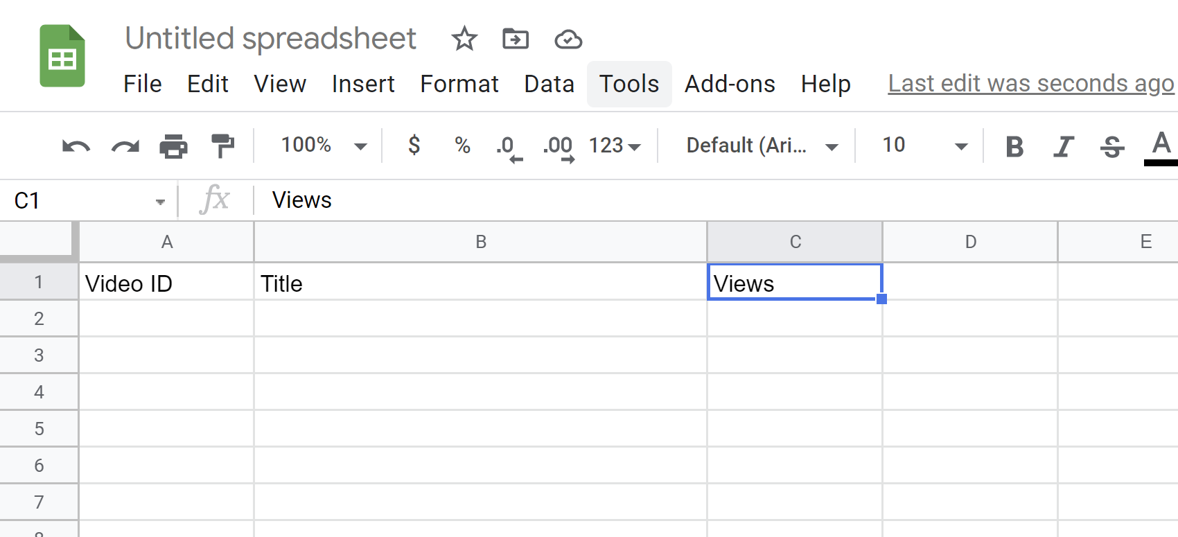 The first three cells have the headers “Video ID”, “Title”, and “Views”.