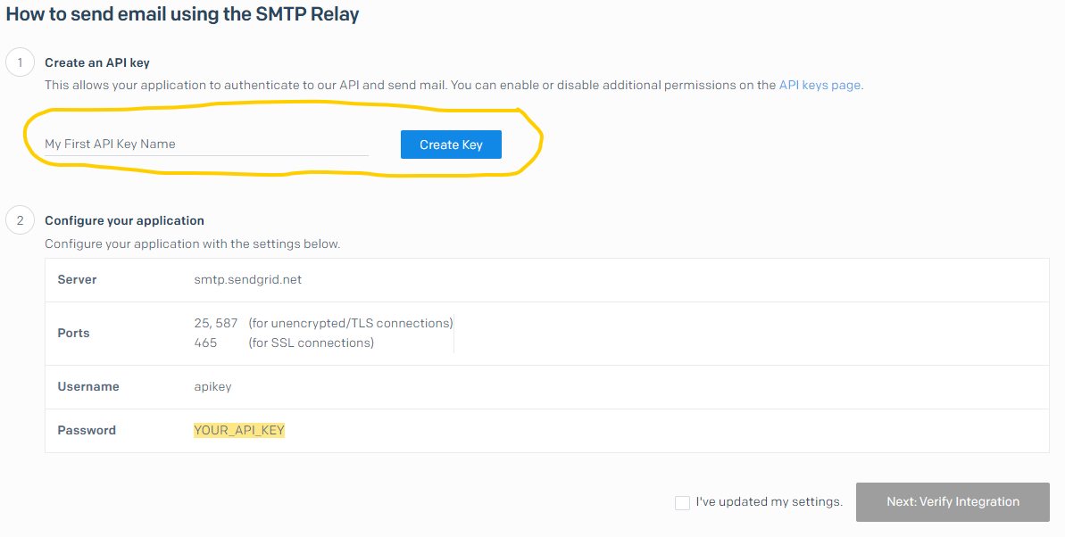 In step one, type in a name for your key and click the button “Create Key”. In step two, you’ll see listed settings. These will go into your settings.py file.